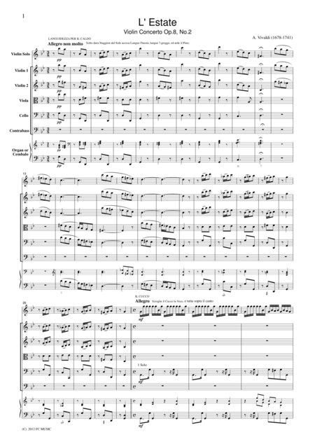 Vivaldi L Estate Violin Concerto Op 8 No 2 For String Orchestra Sv002 Sheet Music