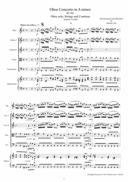 Vivaldi Oboe Concerto In A Minor Rv 461 For Oboe Strings And Continuo Score And Parts Sheet Music