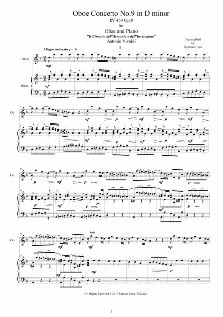 Vivaldi Oboe Concerto No 9 In D Minor Rv 454 Op 8 For Oboe And Piano Sheet Music