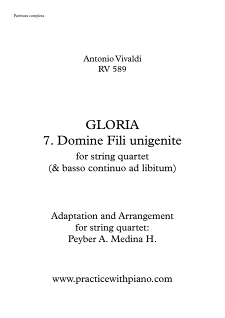 Vivaldi Rv 589 Gloria 7 Domine Fili Unigenite For String Quartet Sheet Music