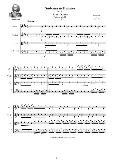 Vivaldi Sinfonia In B Minor Rv 168 For String Quartet Score And Parts Sheet Music