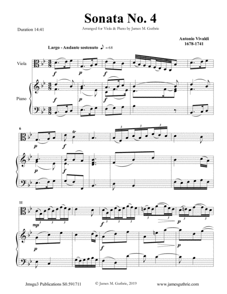 Vivaldi Sonata No 4 For Viola Piano Sheet Music