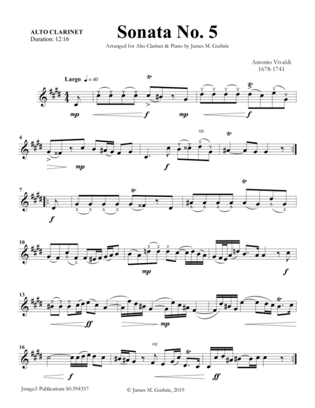 Free Sheet Music Vivaldi Sonata No 5 For Alto Clarinet Piano