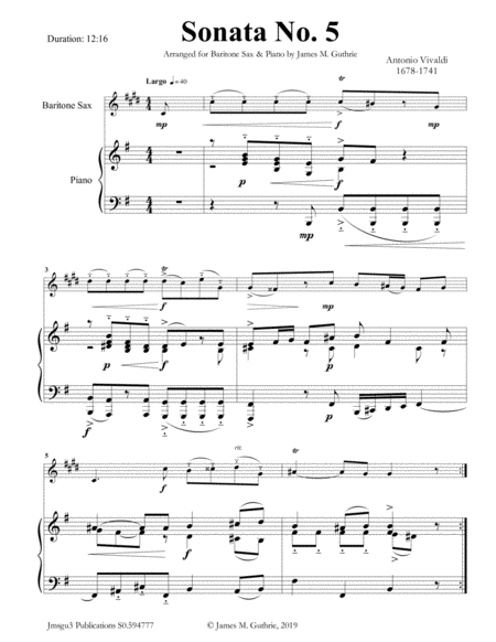 Free Sheet Music Vivaldi Sonata No 5 For Baritone Sax Piano