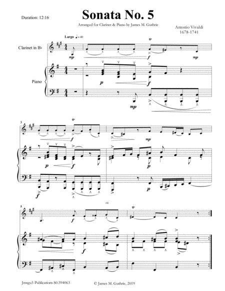 Free Sheet Music Vivaldi Sonata No 5 For Clarinet Piano