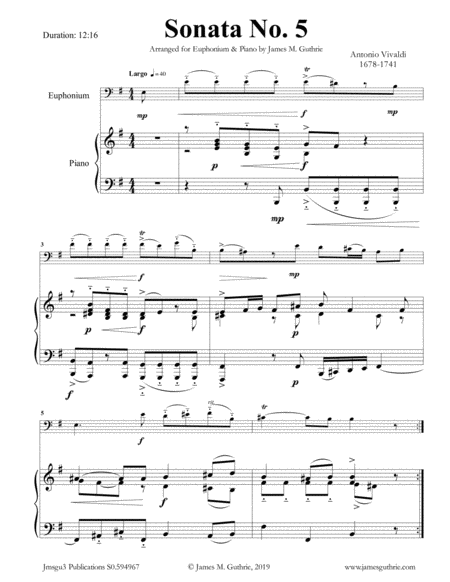 Free Sheet Music Vivaldi Sonata No 5 For Euphonium Piano