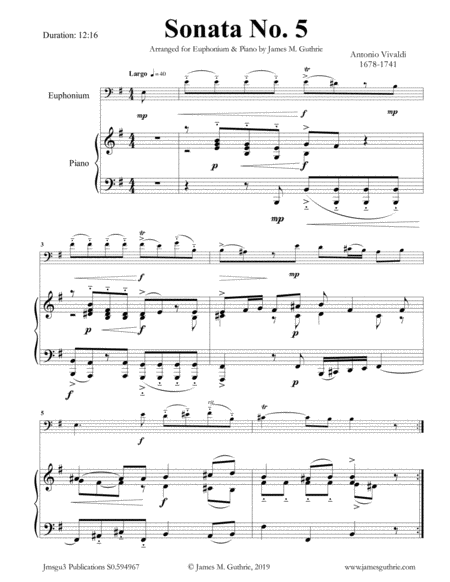 Vivaldi Sonata No 5 For Euphonium Piano Sheet Music