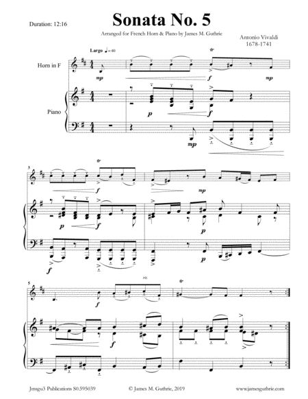 Vivaldi Sonata No 5 For French Horn Piano Sheet Music