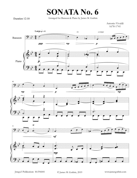 Vivaldi Sonata No 6 For Bassoon Piano Sheet Music