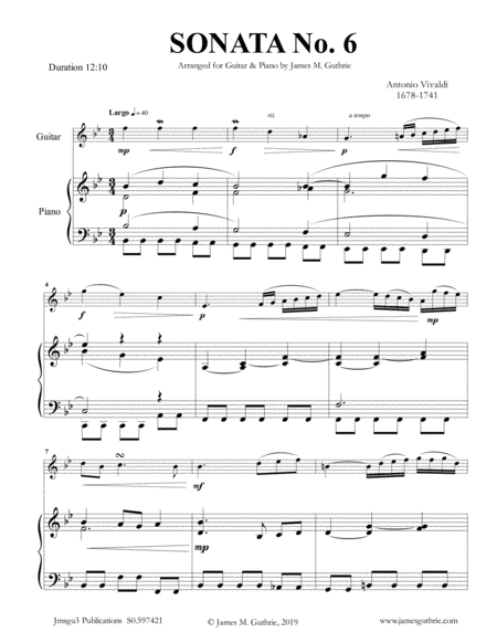 Free Sheet Music Vivaldi Sonata No 6 For Guitar Piano