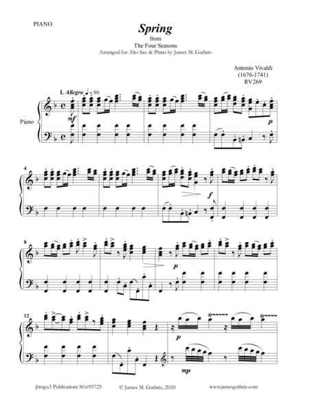 Vivaldi Spring From The Four Seasons For Alto Sax Piano Sheet Music