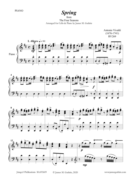 Vivaldi Spring From The Four Seasons For Cello Piano Sheet Music