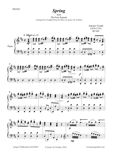 Vivaldi Spring From The Four Seasons For English Horn Piano Sheet Music