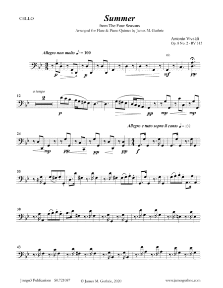 Vivaldi Summer From The Four Seasons For Flute Piano Quintet Sheet Music