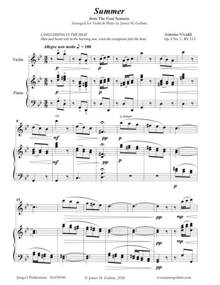 Free Sheet Music Vivaldi Summer From The Four Seasons For Violin Piano
