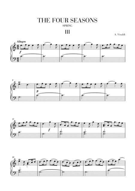 Vivaldi The Four Seasons Spring 3rd Mov Intermediate Piano Sheet Music