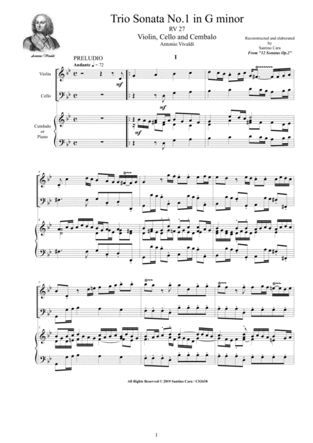 Free Sheet Music Vivaldi Trio Sonata No 1 In G Minor Rv 27 Op 2 For Violin Cello And Cembalo Or Piano