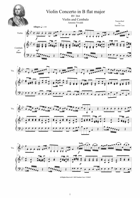 Vivaldi Violin Concerto In B Flat Major Rv 364 For Violin And Cembalo Or Piano Sheet Music