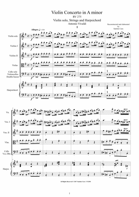 Vivaldi Violin Concerto In E Minor Rv 275 For Violin Strings And Harpsichord Sheet Music