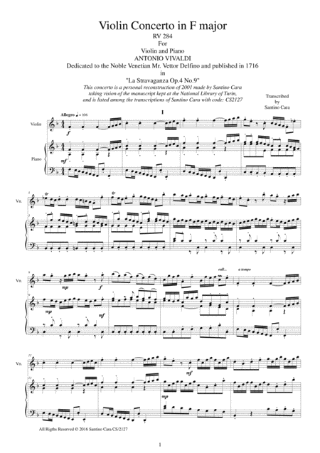 Vivaldi Violin Concerto In F Major Rv 284 Op 4 No 9 For Violin And Piano Sheet Music