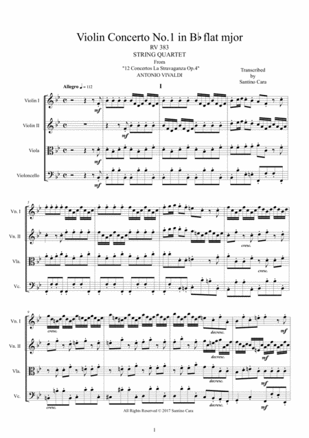 Free Sheet Music Vivaldi Violin Concerto No 1 In B Flat Major Op 4 Rv 383 For String Quartet