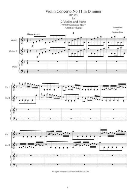 Vivaldi Violin Concerto No 11 In D Minor Rv 565 Op 3 For Two Violins And Piano Sheet Music