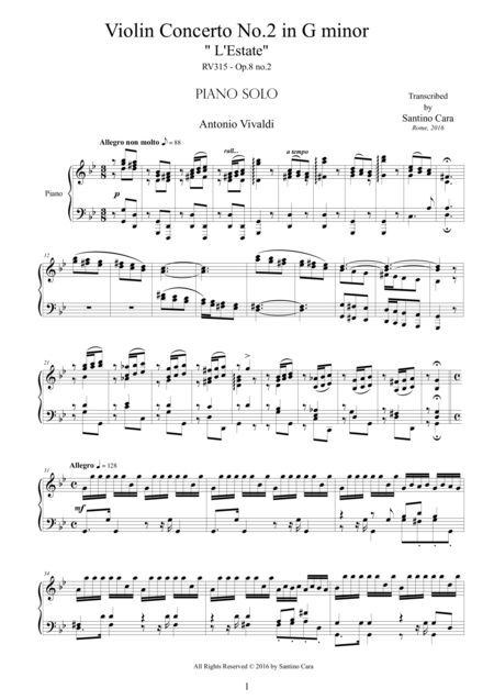Free Sheet Music Vivaldi Violin Concerto No 2 In G Minor L Estate Rv 315 Piano Solo