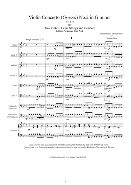 Vivaldi Violin Concerto No 2 In G Minor Rv 578 Op 3 For Two Violins Cello Strings And Cembalo Sheet Music