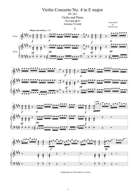 Vivaldi Violin Concerto No 4 In E Major Rv 263 Op 9 For Violin And Piano Sheet Music