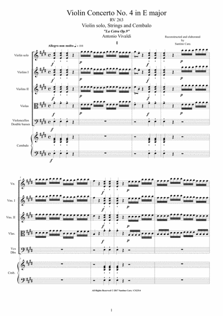 Free Sheet Music Vivaldi Violin Concerto No 4 In E Major Rv 263 Op 9 For Violin Strings And Cembalo