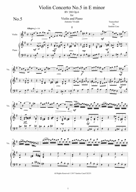 Vivaldi Violin Concerto No 5 In E Minor Rv 280 Op 6 For Violin And Piano Sheet Music