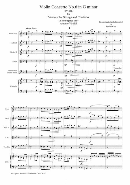 Free Sheet Music Vivaldi Violin Concerto No 6 In G Minor Op 4 Rv 316 For Violin Solo Strings And Cembalo