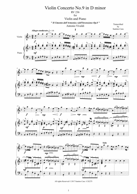 Vivaldi Violin Concerto No 9 In D Minor Rv 236 Op 8 For Violin And Piano Sheet Music