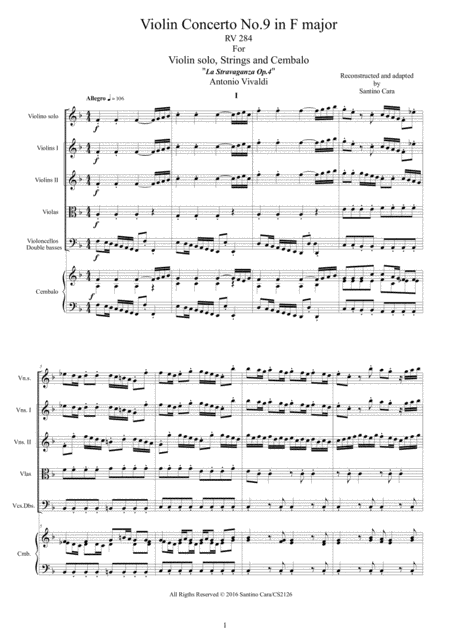 Vivaldi Violin Concerto No 9 In F Major Op 4 Rv 284 For Violin Solo Strings And Cembalo Sheet Music