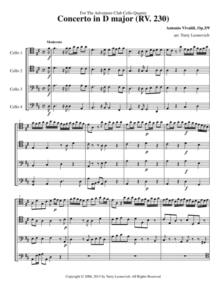 Vivaldi Violin Concerto Op 3 No 9 Arranged For 4 Cellos Sheet Music