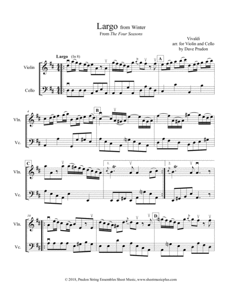 Free Sheet Music Vivaldi Winter Largo From The Four Seasons For Violin And Cello