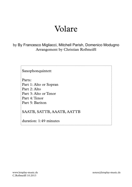 Volare With 5 Saxophones Sheet Music