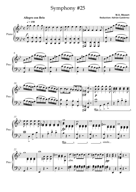 W A Mozart 1 Mov Symphony 25 Piano Reduction Sheet Music