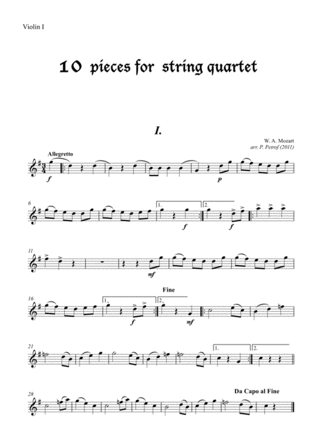 W A Mozart 10 Pieces For String Quartet Parts Sheet Music