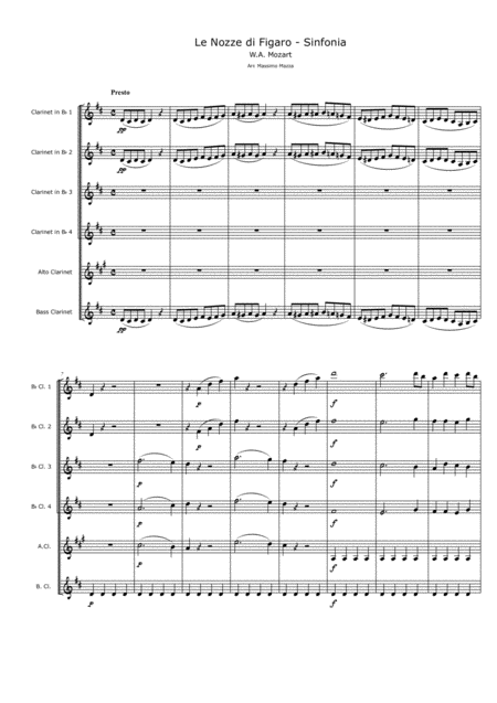 W A Mozart Le Nozze Di Figaro The Marriage Of Figaro Sinfonia For Clarinet Choir Conductor Score Sheet Music