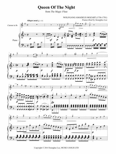 Free Sheet Music W A Mozart Queen Of The Night For Clarinet And Piano Arr Seunghee Lee