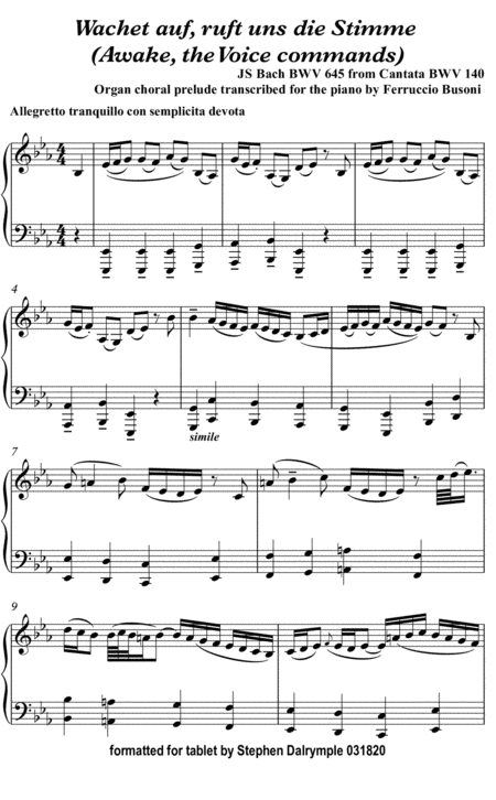 Free Sheet Music Wachet Auf By Johann Sebastian Bach Busoni For Solo Piano Classical Music For Tablet Series