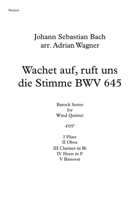 Wachet Auf Ruft Uns Die Stimme Bwv 645 Wind Quintet Arr Adrian Wagner Sheet Music