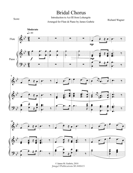 Wagner Bridal Chorus For Flute Piano Sheet Music