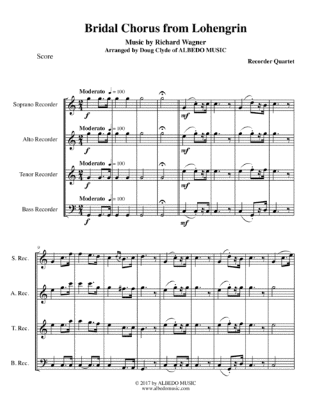 Wagner Bridal Chorus From Lohengrin For Recorder Quartet Sheet Music