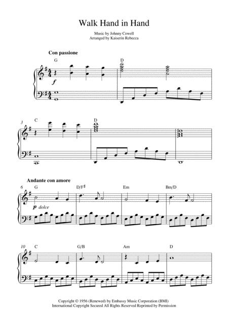 Walk Hand In Hand Piano Solo With Chords Sheet Music