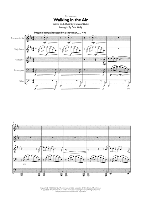 Walking In The Air From The Snowman For Brass Quintet Sheet Music