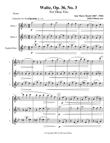 Waltz By Amy Beach Set For 2 Oboes And English Horn Trio Sheet Music