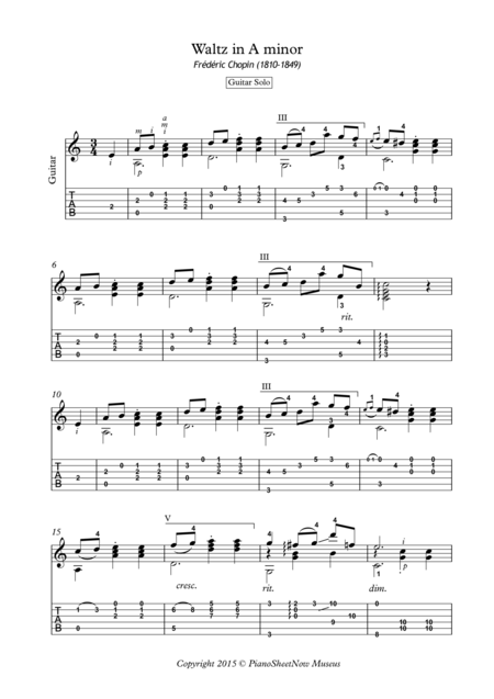 Free Sheet Music Waltz In A Minor By Chopin For Solo Guitar