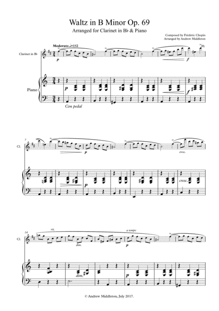 Waltz In B Minor Op 69 For Clarinet And Piano Sheet Music